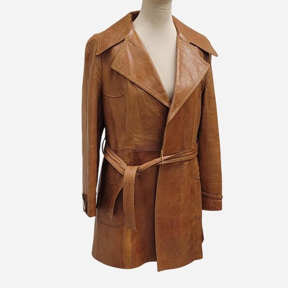 Vintage 1970's Skin Gear Size 10 Tan & brown leather trench coat